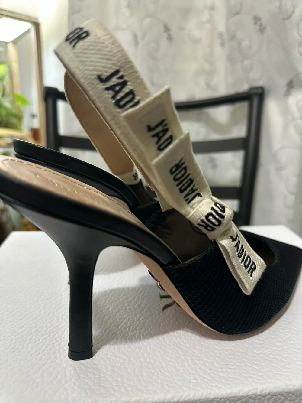 Dior Black Slingback Heels with J'Adior Ivory Ribbon